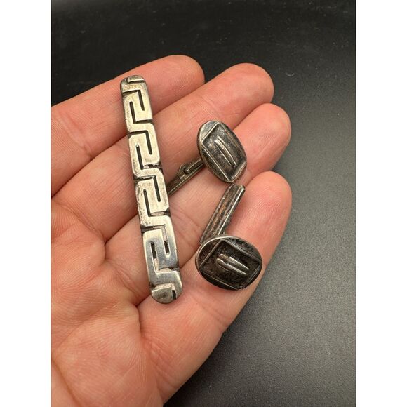 Vintage Mod Cufflinks and Tie Bar - Sterling Silver - 1960s - Picture 7 of 7